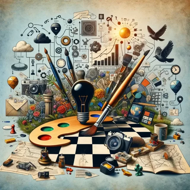 Digital collage of a painter's palette and brushes with a mix of various creative elements like a light bulb, camera, flowers, and birds, overlaid with doodles representing innovation and creativity, set against a chessboard floor and a blue textured background