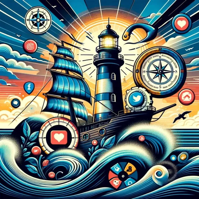 Stylized illustration of a tall ship navigating turbulent seas guided by a lighthouse, with elements like a compass, social media icons, and maritime motifs, all framed by a bold sunset sky in a palette of blue, yellow, and red